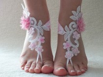 wedding photo -  Free Ship ivory or white pink floral barefoot sanddals, flexible ankle sandals, Barefoot Sandals, Beach wedding barefoot sandals