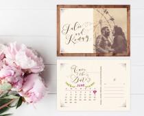 wedding photo - Rustic Save the Date Postcards with Calendar - Woodsy, Vintage, or Spring Wedding Save the Date Cards - Printable - Hadley