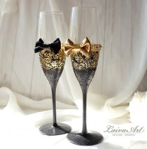wedding photo -  Gold Wedding Champagne Glasses Gatsby Style Wedding Toasting Flutes Gold and Black Wedding