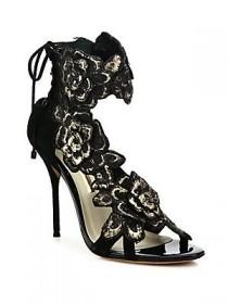 wedding photo - Floral-Embroidered Suede Lace-Back Sandals