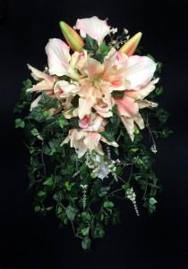 wedding photo - Quick Ship - Cascading Bride's Bouquet with Tiger Lilies, Roses and Calla Lilies in Shades of Blush and Peach with English Ivy