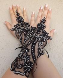 wedding photo -  Free ship, black or ivory, silver beads embrodeired Wedding gloves french lace gloves bridal gloves lace gloves fingerless gloves