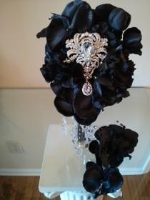 wedding photo - Elegant Black Orchids Brooch Bouquet