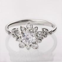 wedding photo - Diamond Art Deco Petal Engagement Ring No.2B - 14K White Gold and Diamond engagement ring, leaf ring, flower ring, antique,vintage,halo ring