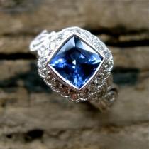 wedding photo - Vine Ring with Blue Sapphire and Diamonds in 18K White Gold Vintage Inspired Flower & Leaf Setting Size 4