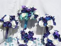 wedding photo - Brenda  Bridesmaids Bouquets with Blue Orchids, Off White Open Roses,Purple Hydrangeas