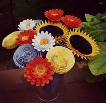 wedding photo - Paper Flower Bouquet - Bouquet of Sunflowers, Orange Daisies, Yellow & Gray Rolled Paper Flowers - Perfect for Mother's Day