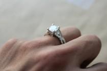 wedding photo -  Moissanite Engagement Rings, Bradied band 7mm Cushion Forever One Moissanite & Diamond Platinum Ring