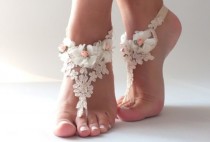 wedding photo -  Free ship champagne ivory lace Barefoot Sandals, lace, shoes, Gothic, Wedding, beach wedding barefoot sandals