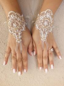 wedding photo -  Free ship, Bridal Gloves, Wedding Gloves, Ivory gold beaded Lace gloves, Fingerless Gloves, wedding, cuffs, wedding cuffs, bride,