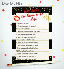 wedding photo - Who Knows The Bride Best Bridal Shower Game Black White stripes Bridal Game Red Gold Confetti Printable Bridal game Card Download idkbg6