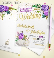 wedding photo -  Wedding Invitation Printable pumpkin Wedding Invitation Glitter Confetti Gold Wedding Purple Fall Wedding Invitation Invite idw2