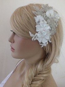 wedding photo -  Bridal lace floral headpiece ivory silver rhinestone lace Hairpiece Ivory Beaded lace floral wedding hair piece bride hair comb