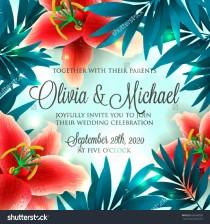 wedding photo - Aloha Hawaii. Hand lettering with hibiscus red lily, orchid, plumeria flowers, palm leaf. Vector illustration