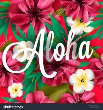 wedding photo - Aloha Hawaii. Hand lettering with hibiscus pink lily, orchid, plumeria flowers, palm leaf. Vector illustration
