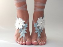 wedding photo -  Free Ship blue ivory floral sandals country wedding beach wedding barefoot sandals floral bridesmaid gift unique foot accessory