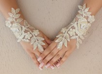 wedding photo -  Free ship, champagne gold, ivory, white, black Wedding gloves bridal fingerless french lace gauntlets fingerloop, lace glove