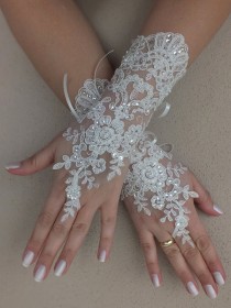 wedding photo -  Free ship, Ivory lace Wedding gloves, silver beads embroidered bridal gloves, fingerless lace gloves,handmade