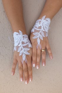wedding photo -  Free ship, white black Wedding gloves french lace gloves bridal gloves lace gloves fingerless gloves ivory gloves free ship