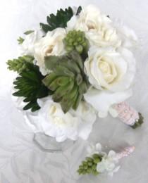 wedding photo - White rose bridal Bouquet with Artificial Succulents
