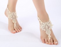 wedding photo -  Free ship champagne Barefoot Sandals, french lace, shoes, Gothic, Wedding, beach wedding barefoot sandals