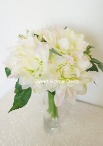wedding photo - JennysFlowerShop 9'' Silk Dahlia Artificial Flower Wedding Bouquet/ Home Decoration Flower, No Pot Included White/Pink