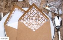 wedding photo - Kraft Envelopes with White Doily and Leaves Liners, Wedding Doily Envelope Inserts,Wedding Doily Invitation, Rustic Vintage Kraft Envelopes