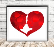wedding photo -  Heart print, Couple print, Couple faces, Illustration art, Love print art, Fantasy art, Red heart, Modern wall decor, Instant download