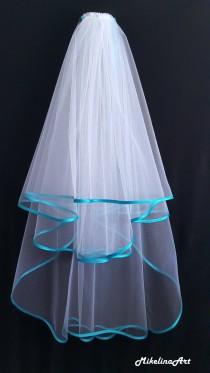 wedding photo - White Wedding Veil, Three Layers, Turquoise Satin Edging.