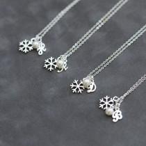 wedding photo - Bridesmaid Jewelry Set of 5, Winter Wedding Snowflake Necklace, Pearl Snowflake Jewelry, Sterling Silver Initial Necklace