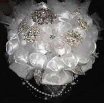 wedding photo - White Pearl Satin Rose Brooch Bouquet