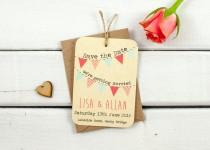 wedding photo - Rustic bunting save-the-date - coral peach mint