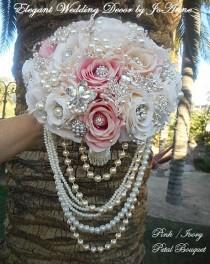 wedding photo - CLASSIC JEWELRY BOUQUET, Pink and Ivory Jeweled Brides Bouquet, Custom Bouquet, Pretty Jeweled Bouquet, Rose Bouquet, Brooch Bouquet