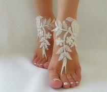 wedding photo -  ivory Barefoot silver frame , french lace sandals, wedding anklet, Beach wedding barefoot sandals, embroidered sandals.