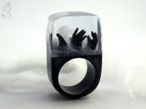 wedding photo - Zombie – creepy undead ring with three black hands and fog on a black ring made of resin