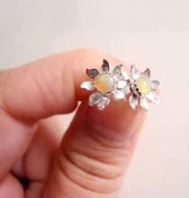 wedding photo - Opal Earring Studs, Flower Opal Earrings, Sterling Silver Jewelry, Gift for Her, Birthstone Earrings, Black Friday Sale, Flower Studs (E275)