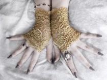 wedding photo - Eiryn Lace Fingerless Gloves - Gold Mustard Yellow Floral Fishnet - Victorian Wedding Gothic Vampire Fetish Belly Dance Goth Bohemian Bridal