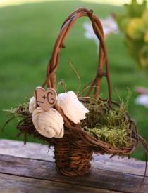wedding photo - Personalized Woodland Rustic Twig Flower Girl Basket With Engraved Wood Heart And Vintage Inspired Paper Roses Moss Lining