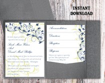 wedding photo -  Pocket Wedding Invitation Template Set DIY EDITABLE Word File Instant Download Navy Blue Wedding Invitations Printable Floral Invitation