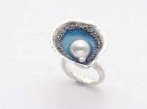 wedding photo - Silver Shell Ring With Akoya Pearl - Akoya Pearl Engagement Ring - Shell Pearl Ring