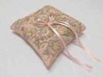 wedding photo - Wedding ring pillow. Antique pink ring bearer decorated with multicolor lace flowers embroidery.
