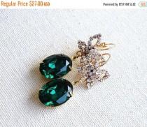 wedding photo - Mega SALE Emerald Green Earrings Foiled Oval Stone Rhinestone Gold Butterfly BE25