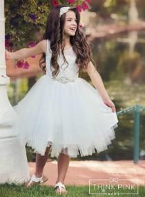 wedding photo - Stunning Flower girl dress,Off White lace flower girl dress, Tulle dress, Easter dress, toddler flower girl dress,