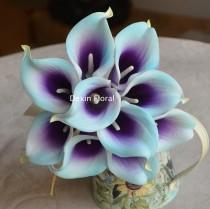 wedding photo - 10 Light Aqua Blue Purple Picasso Calla Lilies Real Touch Flowers For Silk Wedding Bouquets, Centerpieces, Wedding Decorations