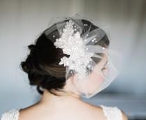 wedding photo - Tulle Birdcage Veil with Crystals, Blusher Veil with Crystals and Rhinestone Lace, Lace and Crystal Veil in White or Ivory