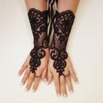 wedding photo - Black lace gloves french lace  bridal glove lace wedding fingerless gothic gloves black  noir fusion burlesque  vampire glove guantes T