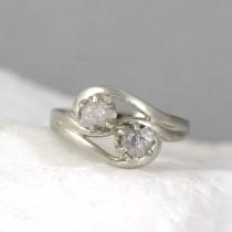 wedding photo - 2 Stone Raw Diamond Engagement Ring Set - Two Uncut Rough Diamond Wedding Set - Forever and Always - Diamond Duo Rings - 14K White Gold