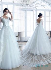 wedding photo - Modest illusion lace long sleeves princess wedding dress