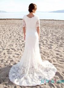 wedding photo - Modest short sleeves slim a line lace wedding dresses