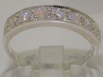 wedding photo - English Luxury Genuine 0.18ct Diamond & Fiery Opal 925 Sterling Silver Half Eternity Ring - Made in England - Customize: 9K,14K,18K Gold
